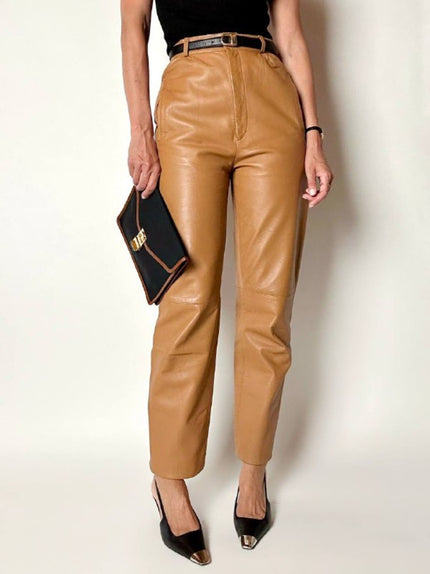 Pantalone vintage a vita alta in pelle color cuoio Modissa
