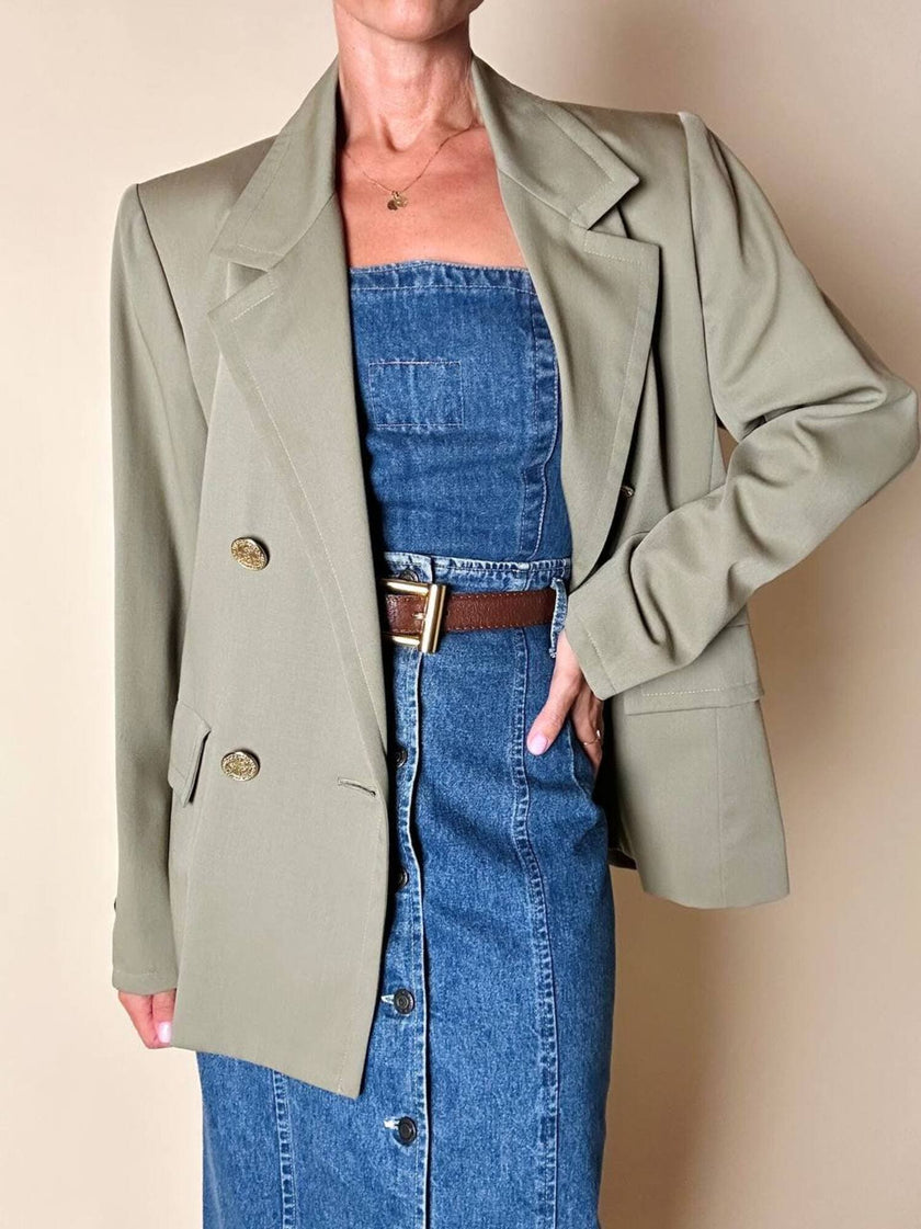 Blazer doppiopetto Yves Saint Laurent  in rasato di lana cachi con bottoni gioiello