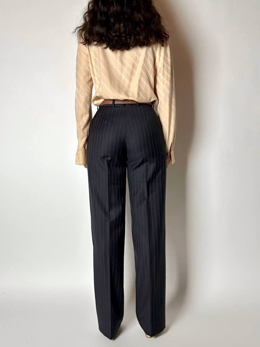 Pantalone vintage a palazzo blu notte gessato in pregiato fresco lana di Tasmania e seta