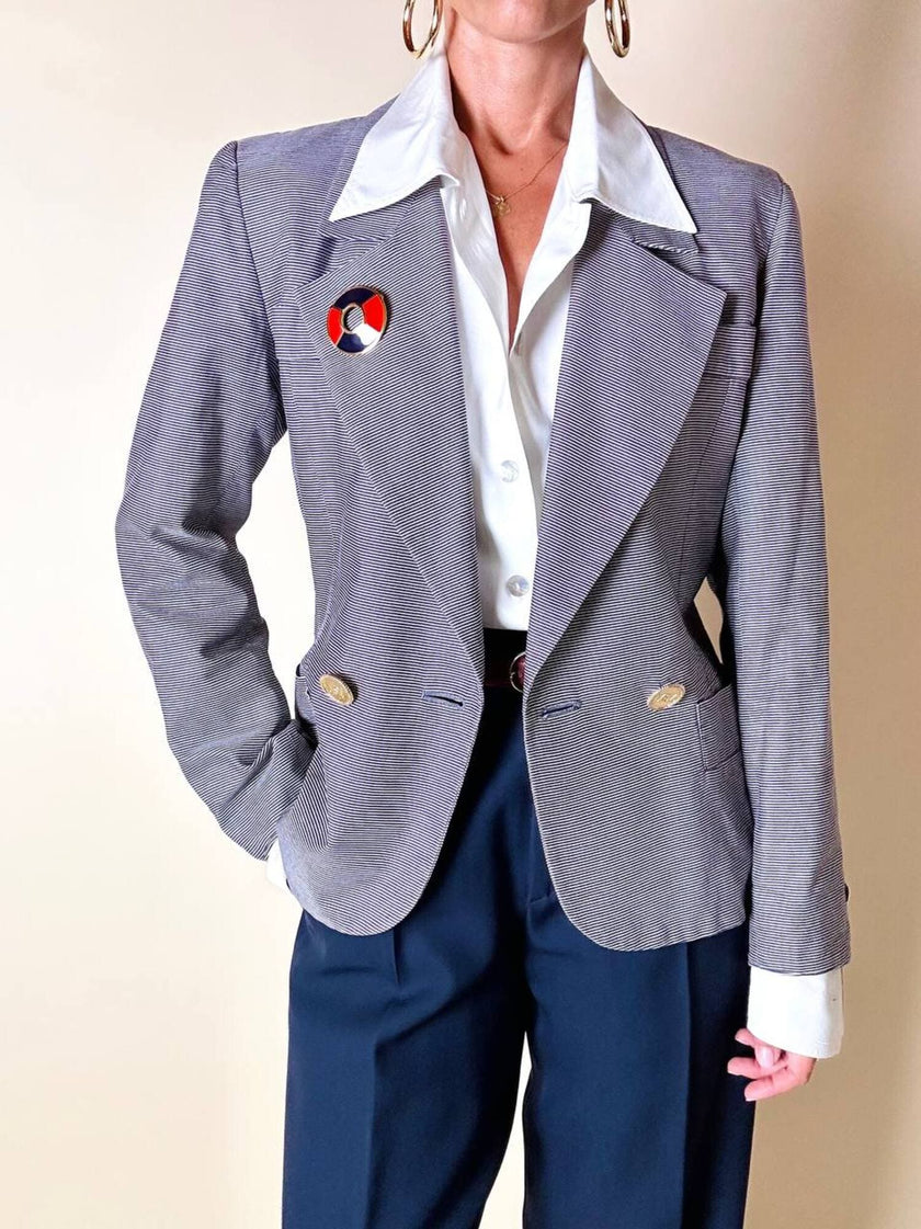 Blazer Yves Saint Laurent fantasia doppiopetto a righe bianche e blu con bottoni dorati