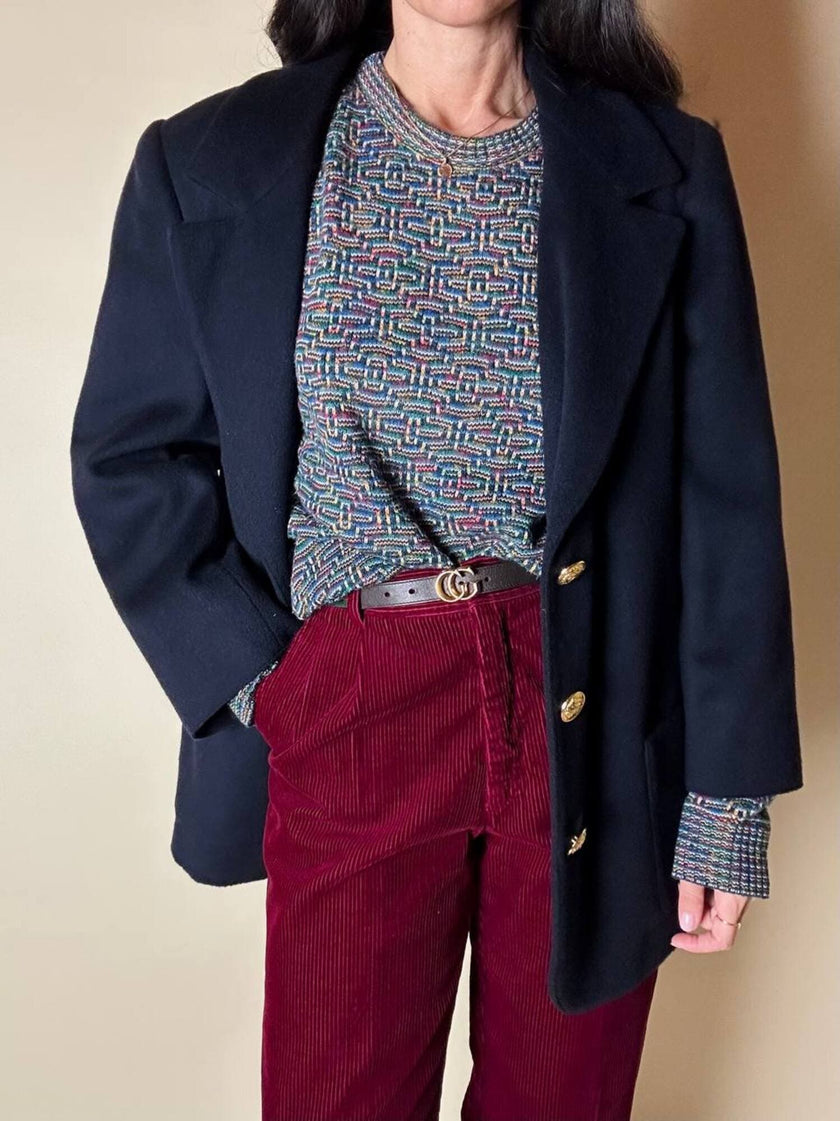 Blazer in lana e cachemire blu notte con bottoni gioiello dorati con testa di medusa