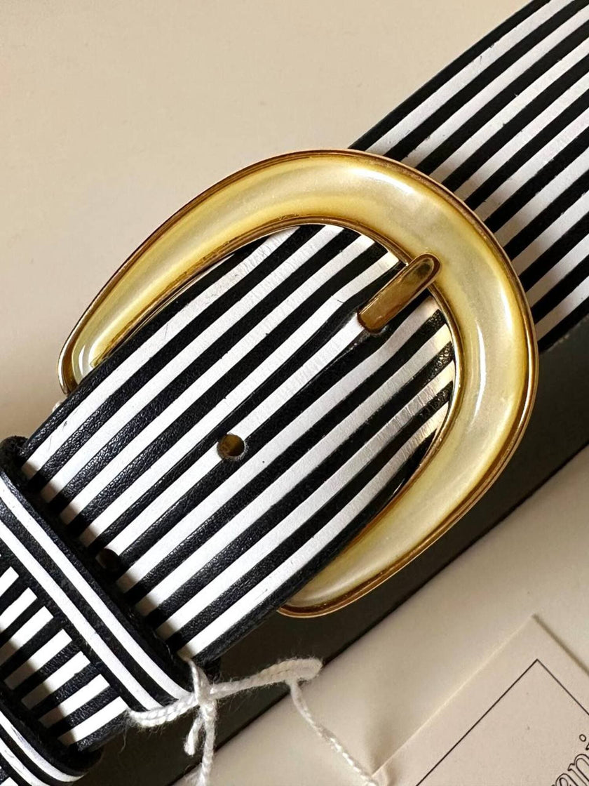 Vintage Valentino Garavani black and white striped belt with metal and resin hardware