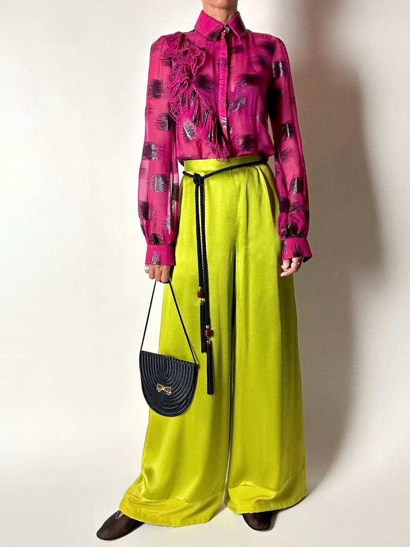 Pantalone vintage Guy Laroche Couture modello a palazzo in raso verde lime