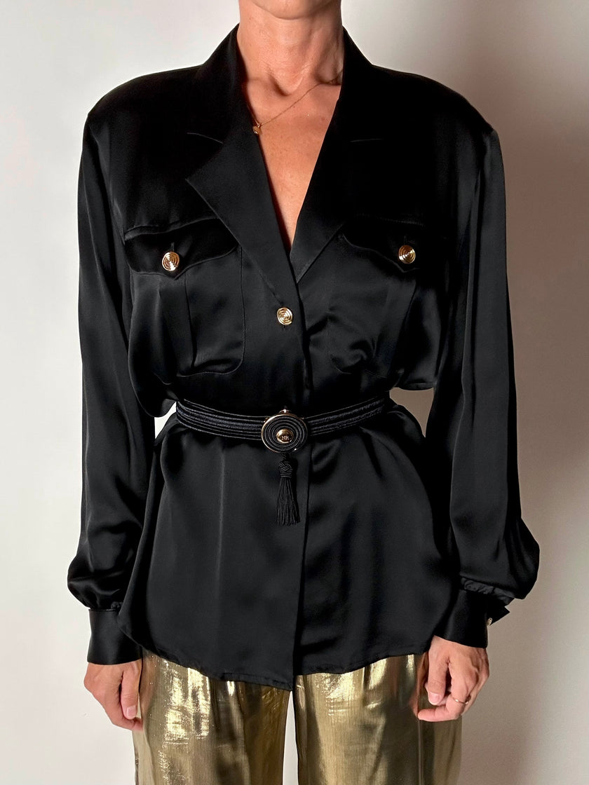 Cintura vintage Nina Ricci Paris in passamaneria elastica nera con fibbia gioiello e nappa couture