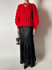 Maglione vintage fatto a mano in lana rossa con maxi trecce a rilievo