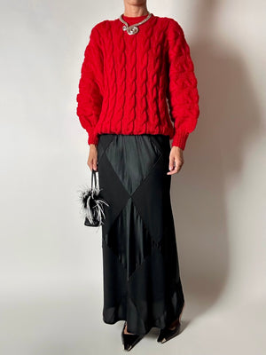 Maglione vintage fatto a mano in lana rossa con maxi trecce a rilievo