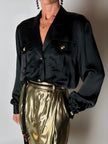 Camicia vintage Padovanelle in raso di seta nero con bottoni gioiello dorati