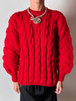 Maglione vintage fatto a mano in lana rossa con maxi trecce a rilievo