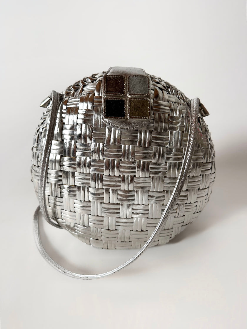 Borsa bandoulière vintage Rodo in midollino argento con chiusura gioiello