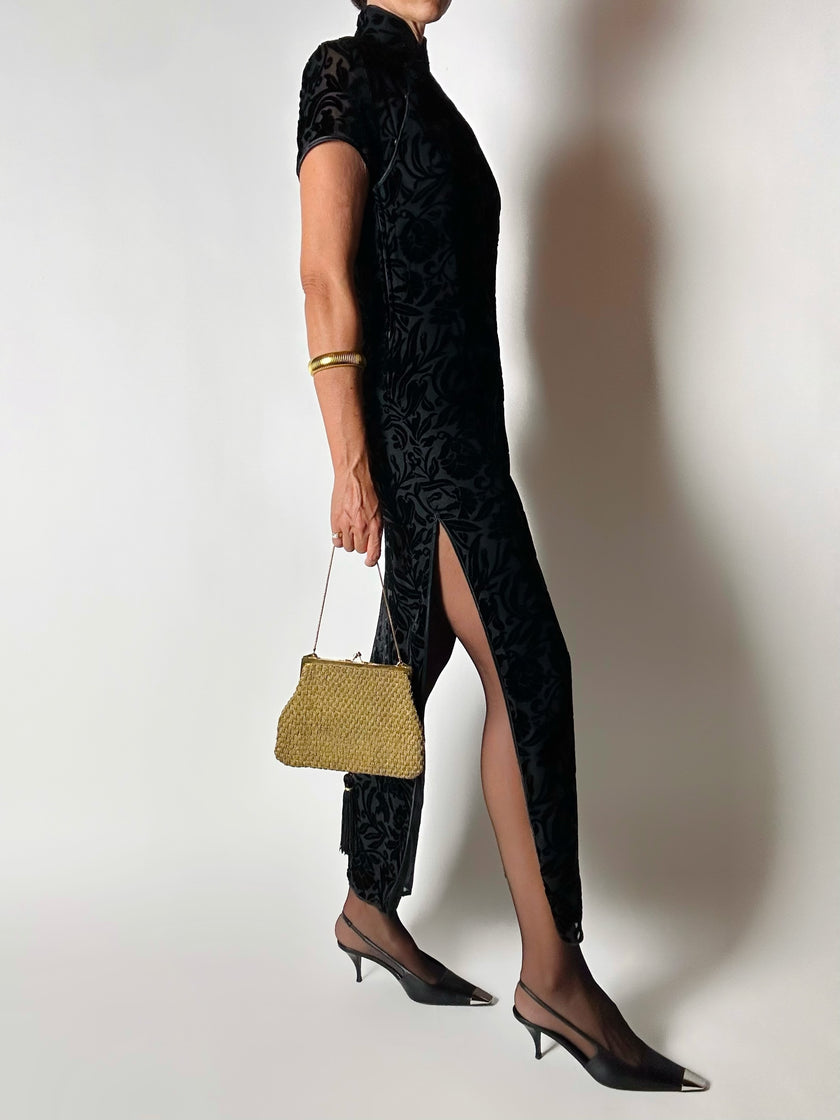 Abito qipao vintage in velluto di seta dévoré con alamari