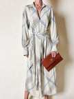 Abito Guy Laroche in crepe beige fantasia geometrica nera e azzurra