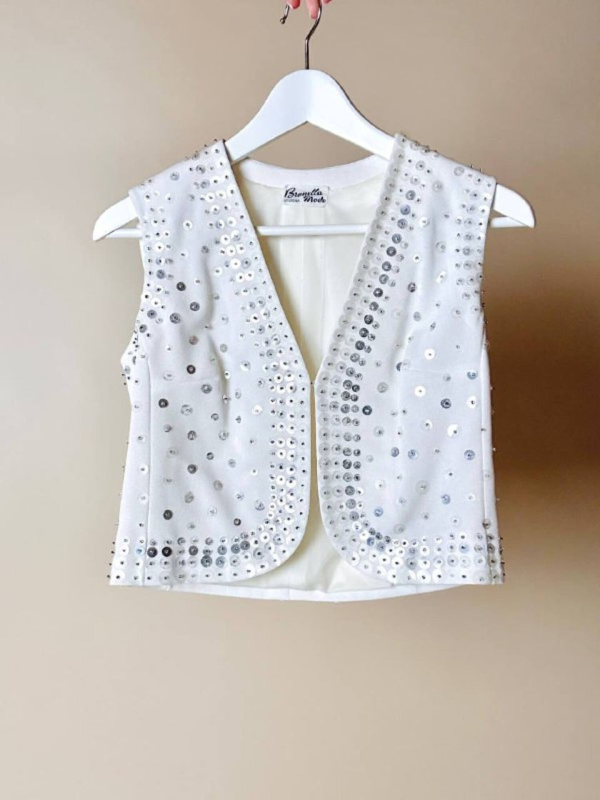 Gilet in crêpe bianco con paillettes ricamate “Brunella Mode”