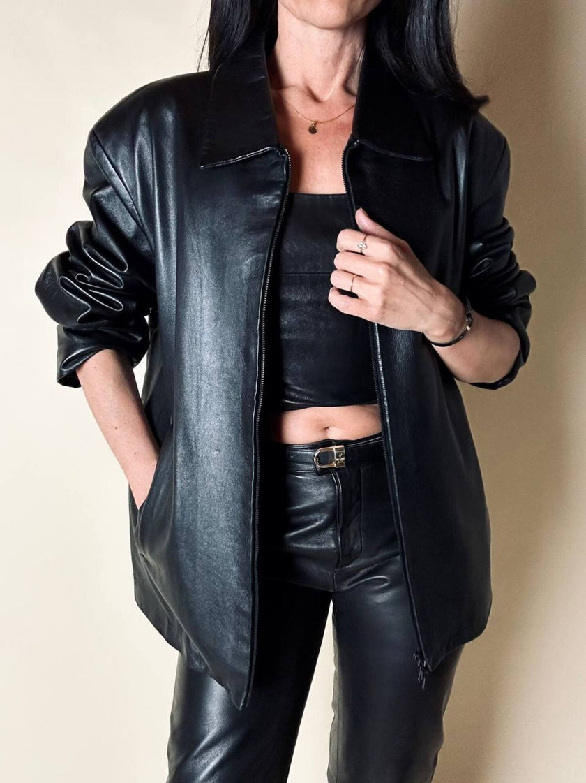 Giacca vintage in pelle nera con zip Michael Hoban North Beach Leather