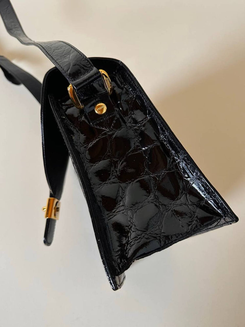 Borsa in pelle nera lucida stampa cocco “Gianfranco Ferré”