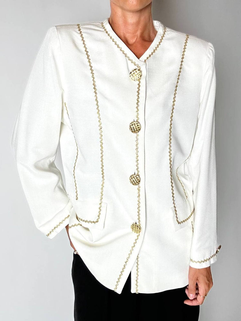 Giacca vintage Yves Saint Laurent bianco latte con serpentine dorate e bottoni gioiello