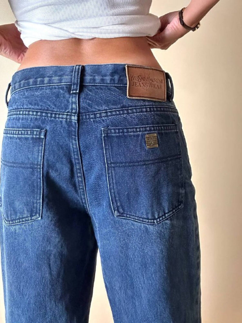 Jeans Yves Saint Laurent Vintage Boy-Friend in Denim Blu Scuro Slavato
