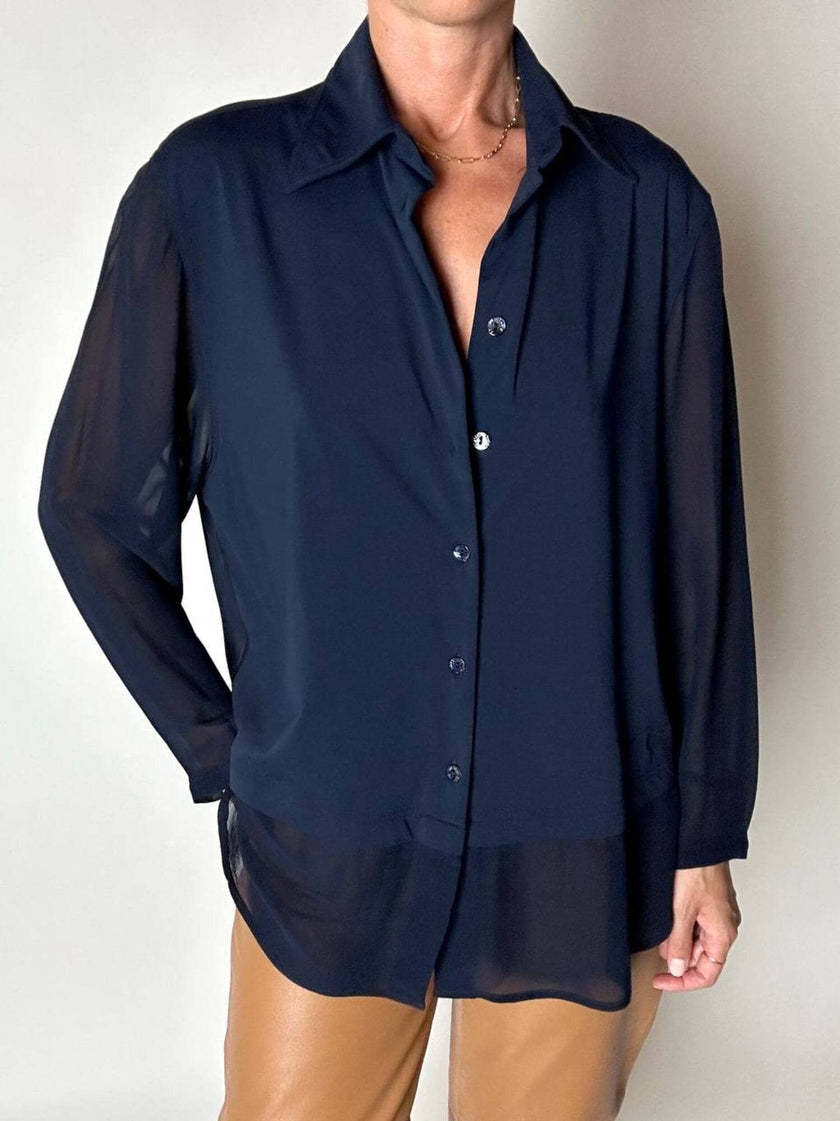 Camicia vintage Fendi Jeans blu navy con dettagli in crepe chiffon e bottoni in madreperla