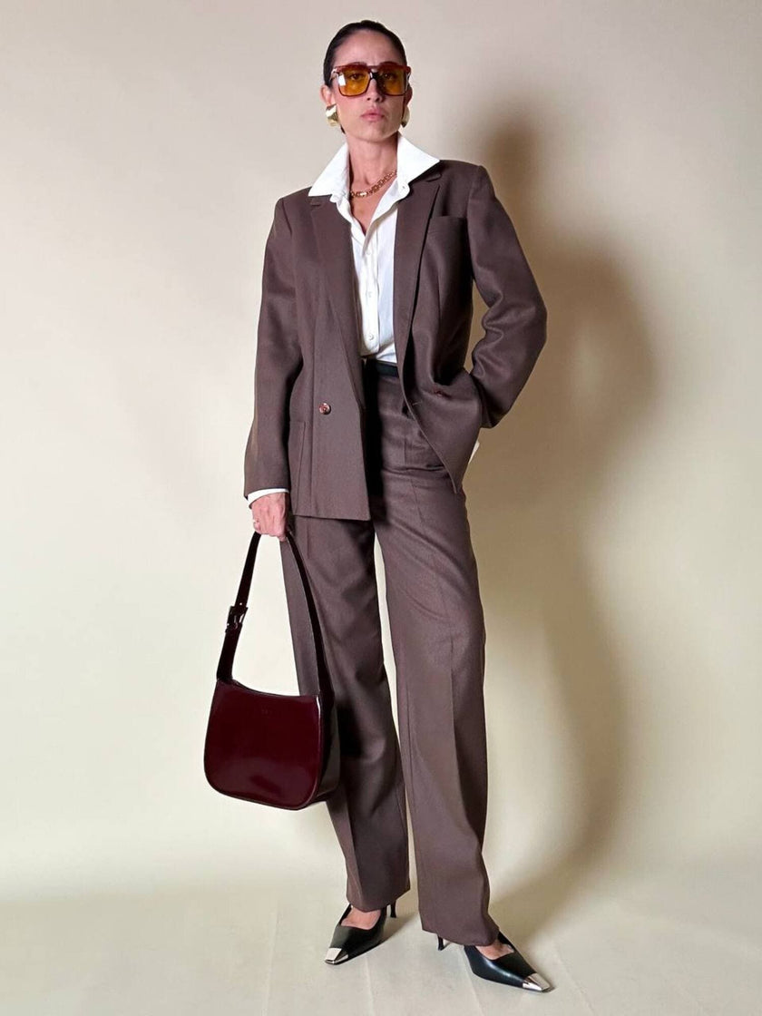 Tailleur giacca/pantalone in lana marrone chiaro “Prestige”