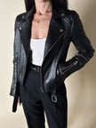 Giacca Biker vintage in pelle nera Brooklyn Bridge Factory