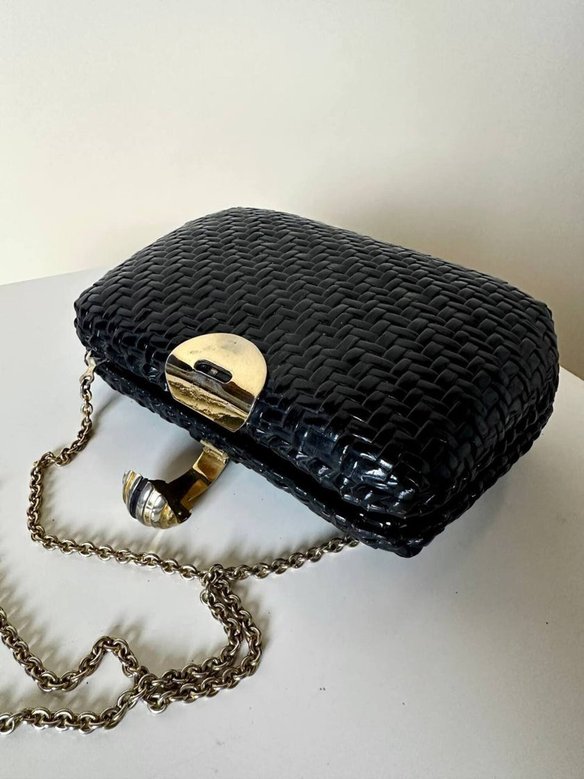 Borsa vintage Rodo in midollino nero con tracolla a catena oro