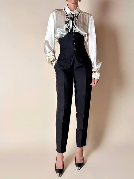 Pantalone vintage Gucci modello a vita alta con piega in seta nera