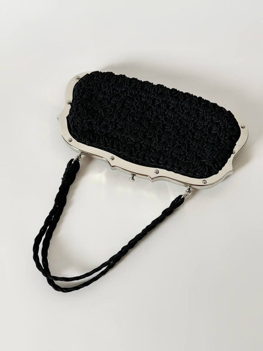 Borsa da sera vintage Art Déco in crochet  nero con montatura in metallo argentato