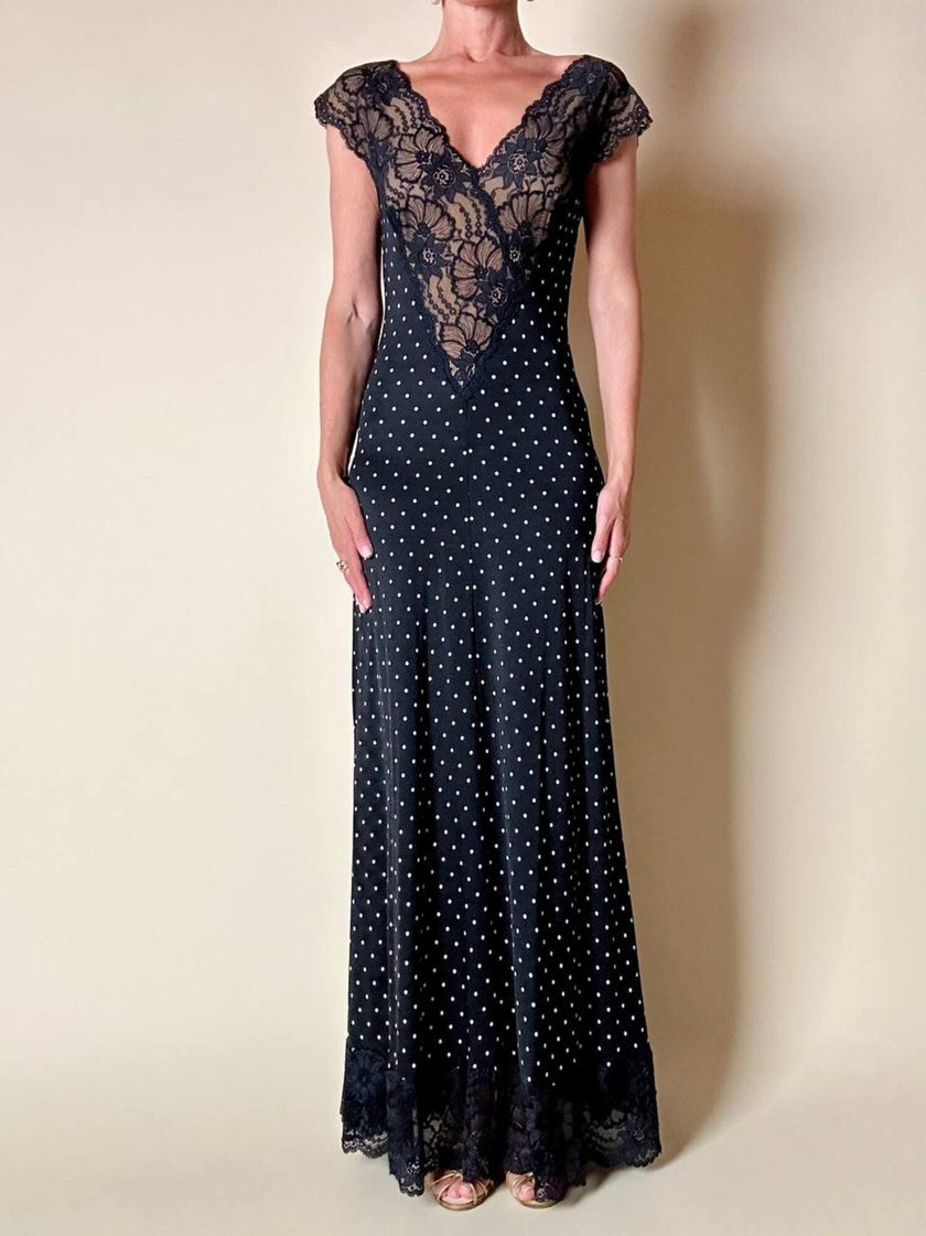 Abito lungo nero a pois bianchi con inserti in pizzo “La Perla”