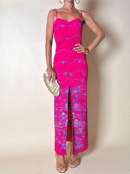 Abito lungo con spacco centrale fucsia fantasia astratta “Azzaro Paris”