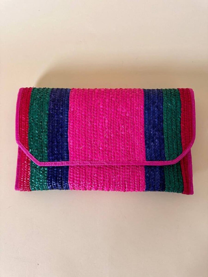Maxi pochette in paglia a righe multicolor “Yves Saint Laurent”