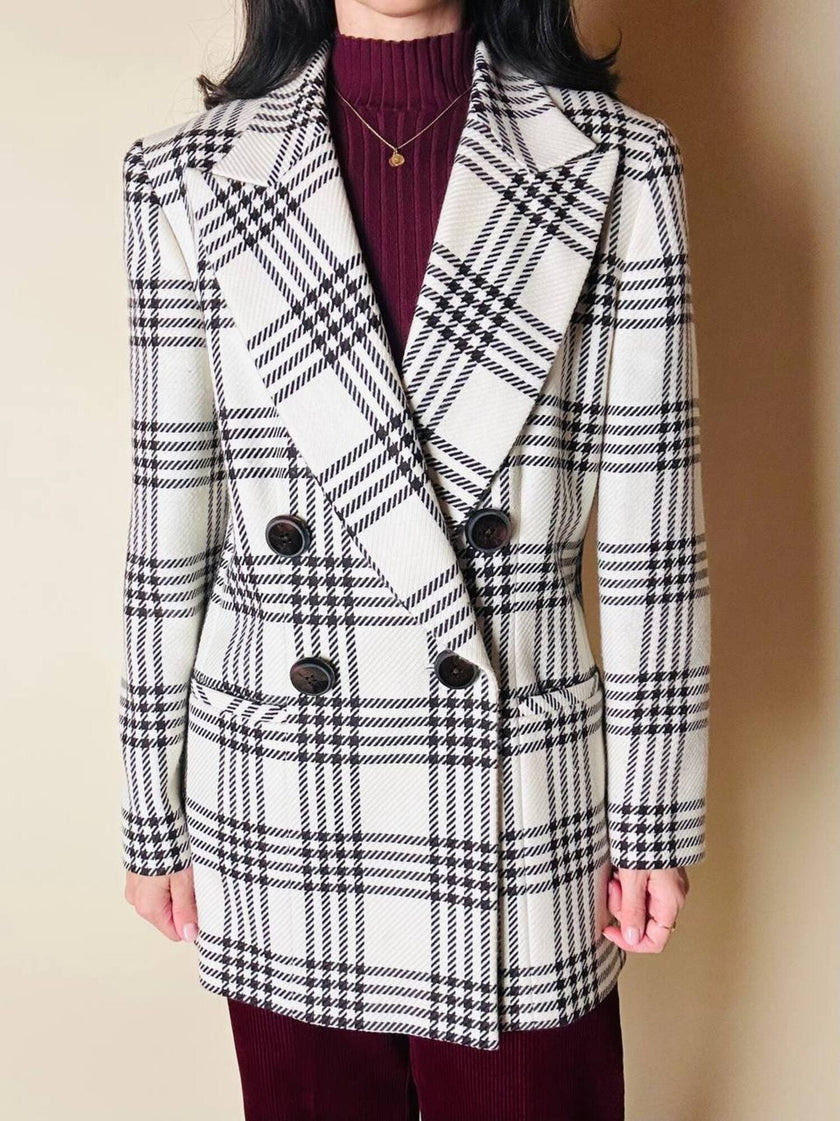 Blazer vintage Gai Mattiolo doppiopetto in lana panna con fantasia principe di Galles testa di moro