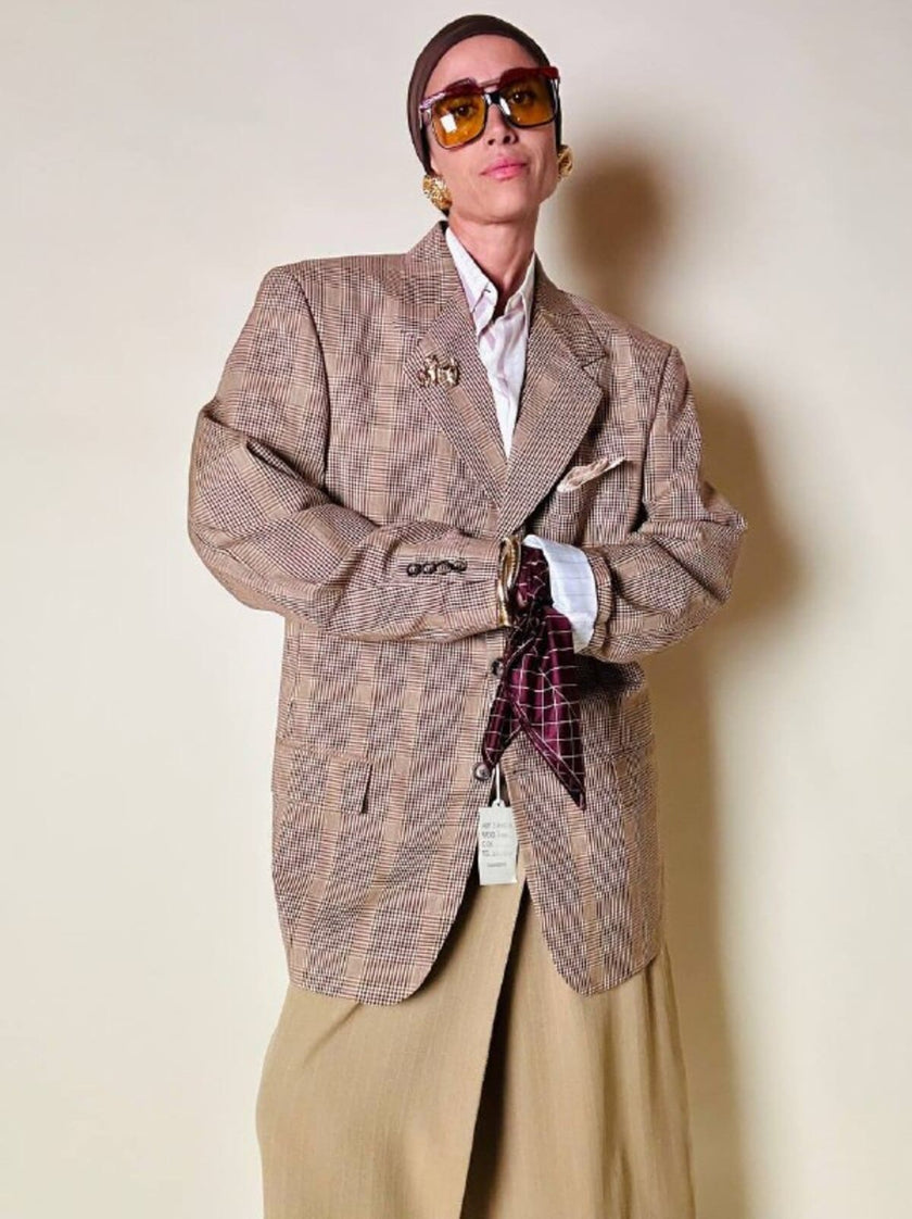Blazer oversize in fresco di lana principe di Galles beige e marrone Vincam