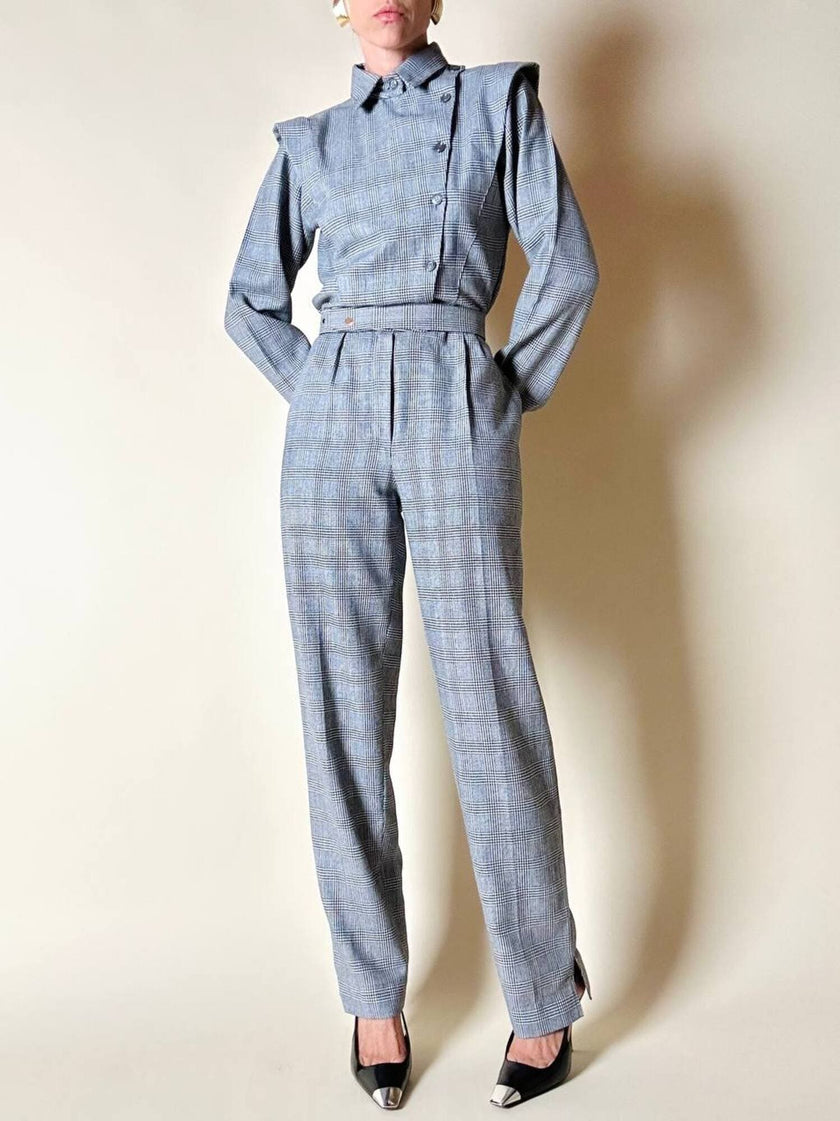 Jumpsuit vintage Sarabang de lana príncipe de Gales con cinturón a juego