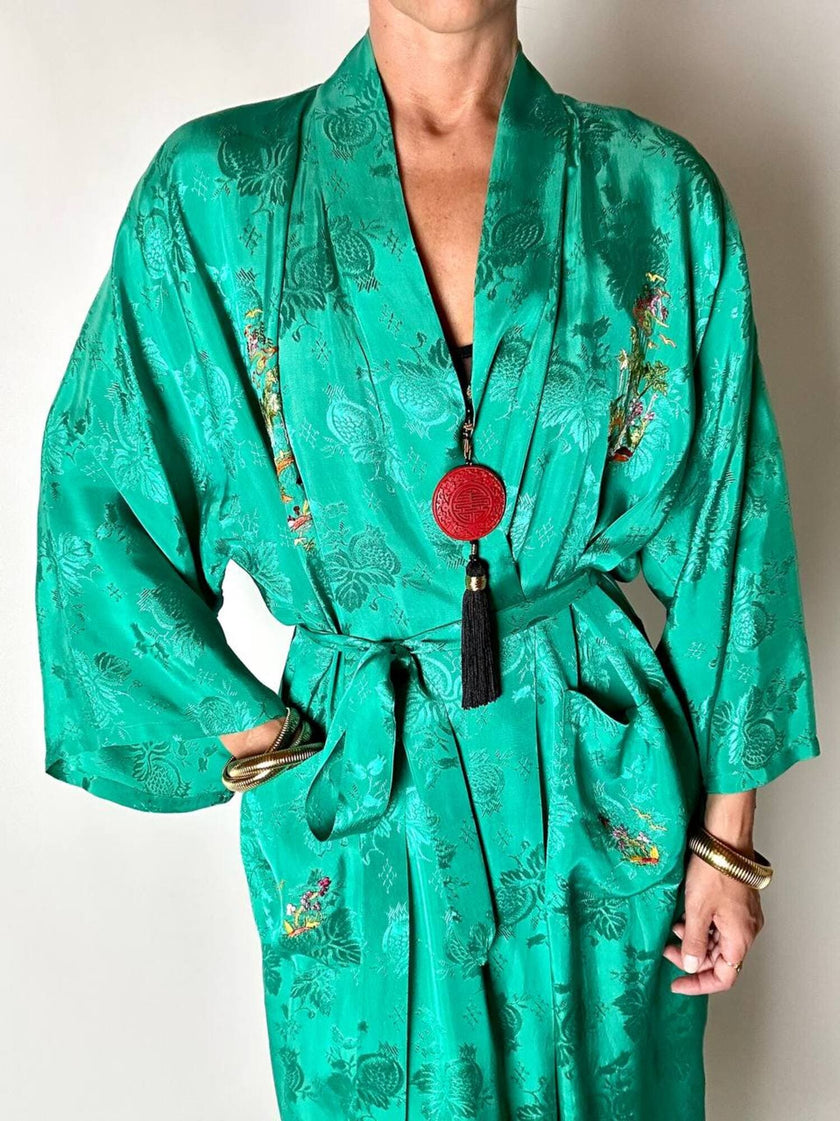 Green rayon jacquard kimono robe with multicolor embroidery