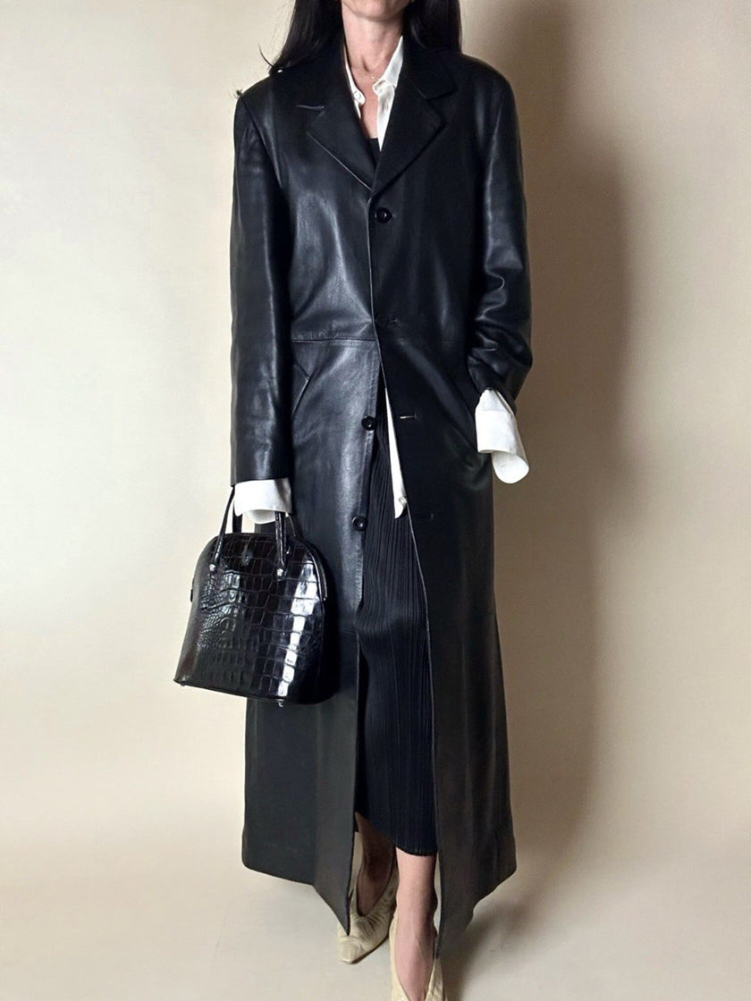 Maxi cappotto vintage in pelle nera Real Leather con fodera matelassé