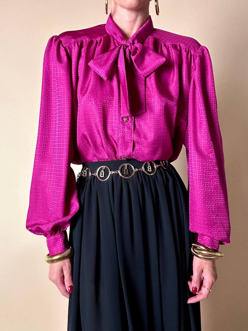 Camicia sartoriale con fiocco al collo in tessuto jacquard ciclamino