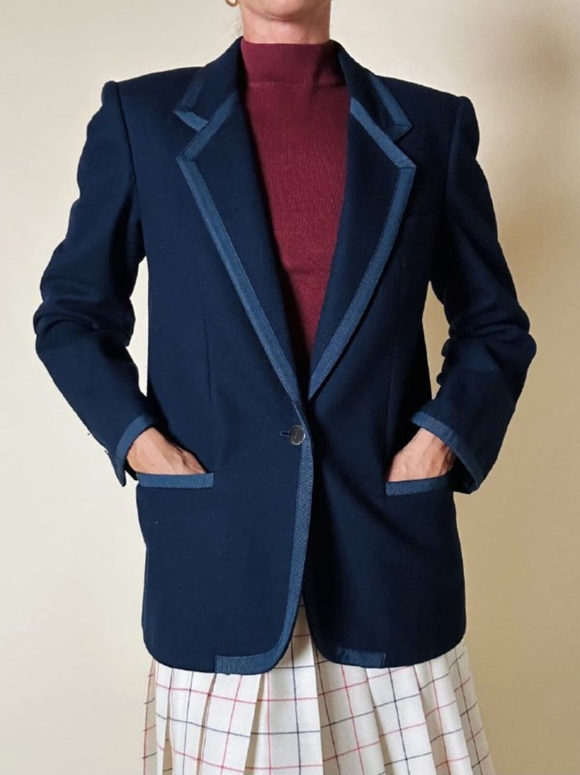 Blazer in lana blu con profili in gros grain “Gibò Firenze”