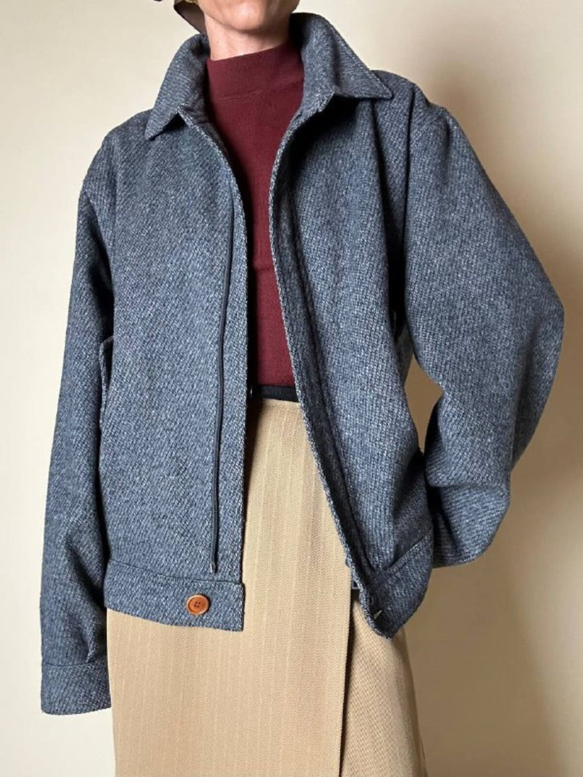 Bomber Yves Saint Laurent in lana grigio mélange con bottoni color cuoio