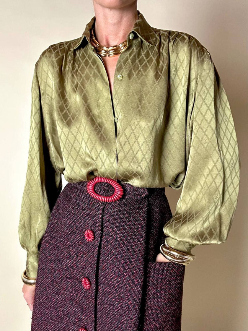 Gonna sartoriale A-Line in lana bouclé grigio antracite e rosso con bottoni in pelle