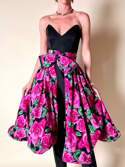 Gonna a ruota in seta fantasia floreale fucsia con maxi fiocco