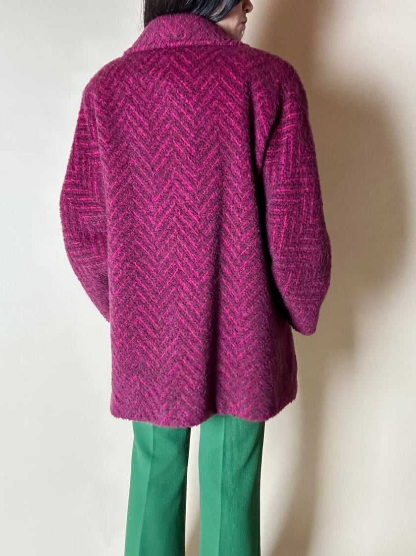 Capottino vintage spinato in tweed di lana e mohair magenta e prugna
