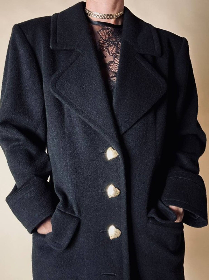 Vintage-Kurzmantel von Yves Saint Laurent aus schwarzer Wolle mit herzförmigen goldenen Knöpfen