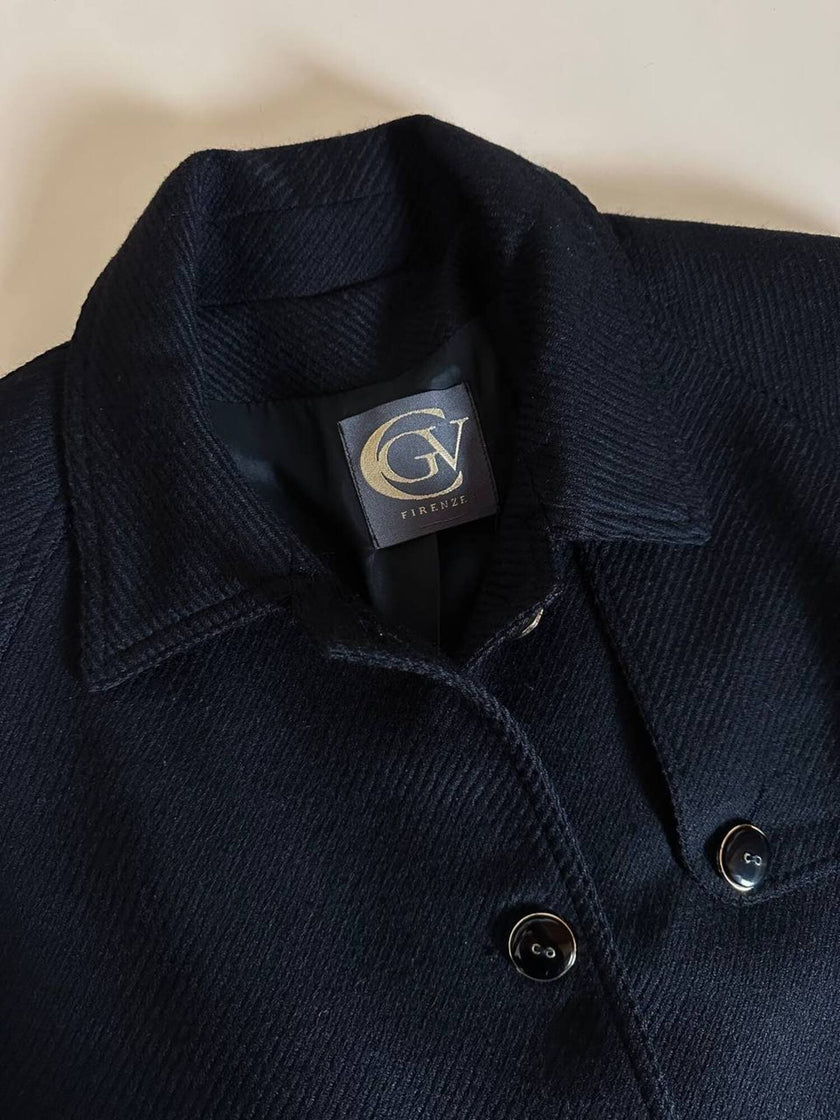 Cappotto lungo vintage in lana nera con taglio trench CGV Firenze