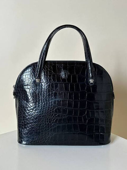 Borsa vintage Versace in pelle nera stampa coccodrillo
