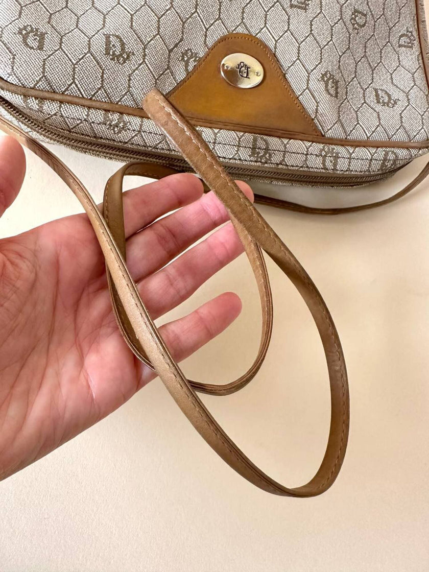 Borsa Christian Dior in tessuto jacquard logato beige con dettagli in pelle cuoio