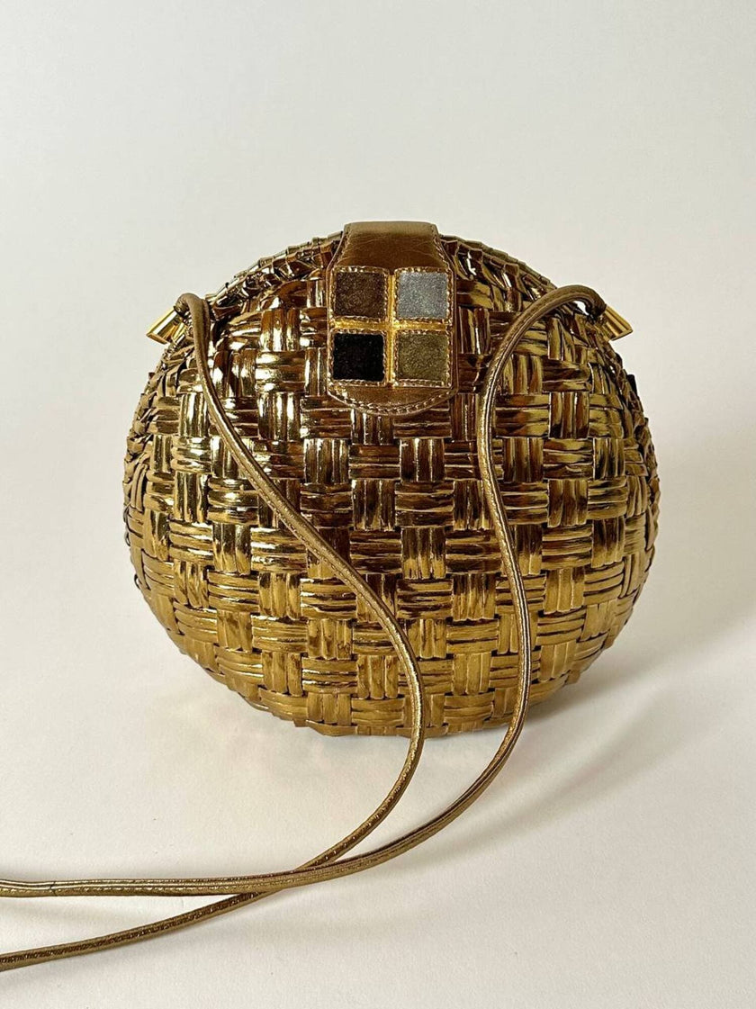 Borsa bandoulière vintage Rodo in midollino bronzo con chiusura gioiello