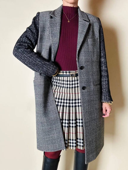 Cappotto Masscob in lana Principe di Galles con maniche spinate e finiture in pelle nera