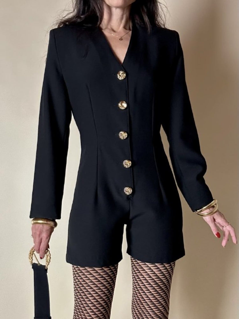 Mini Jumpsuit nera in rasato di lana con bottoni gioiello e cintura in coordinato