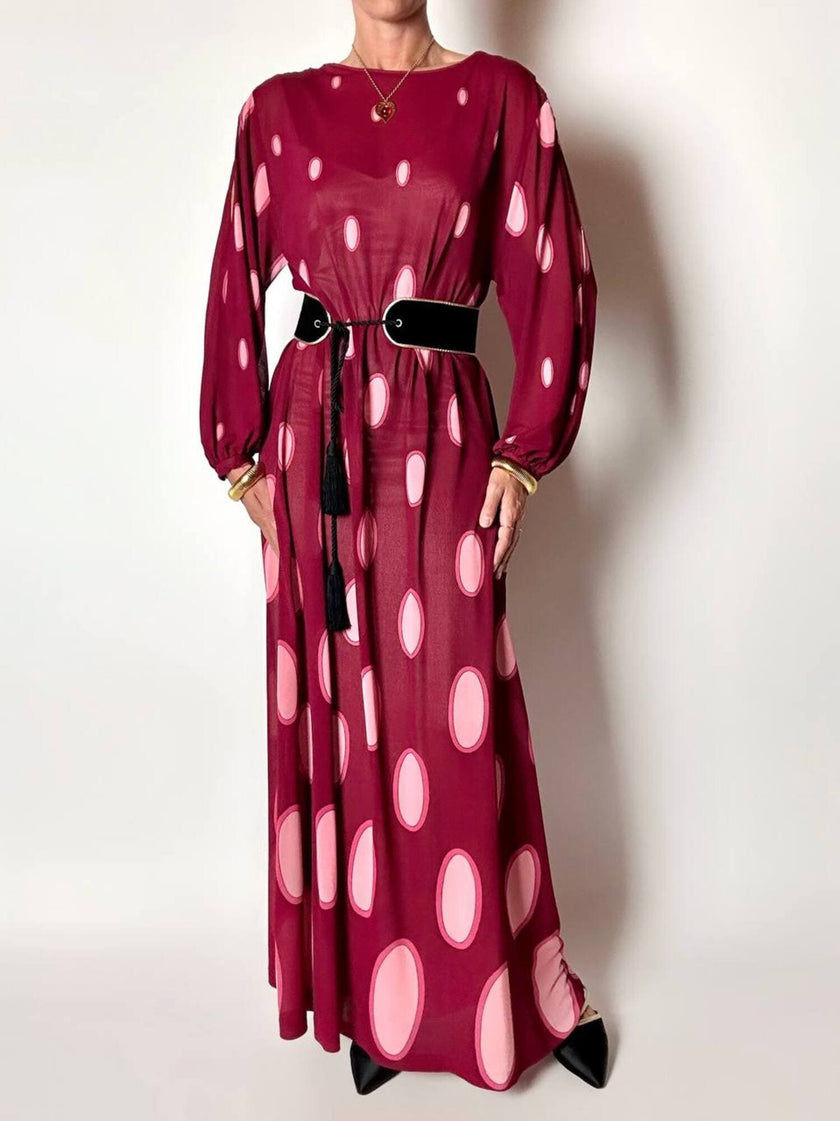 Maxi abito vintage Gottex in cpêpe amarena con maxi pois irregolari rosa