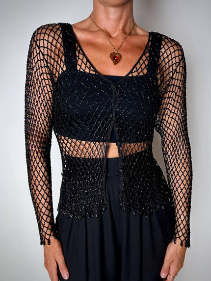 Giacca gioiello vintage in rete di perline nera Byblos Blu