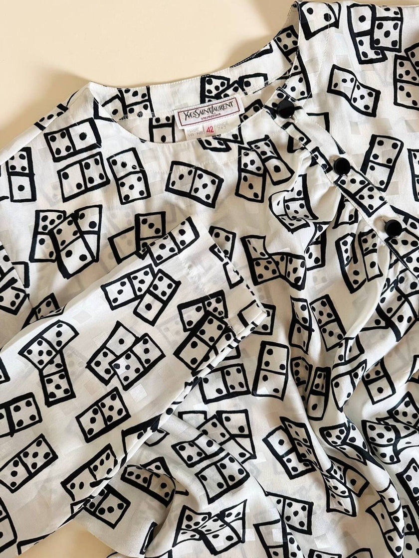 Blusa Yves Saint Laurent in tessuto jacquard bianco e nero fantasia Domino